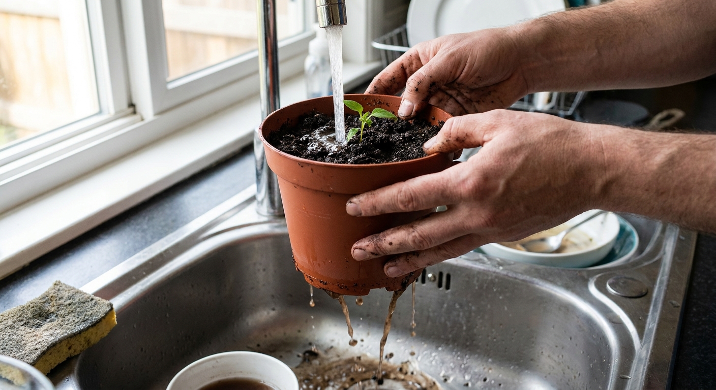 A real photo of hands holding a plastic nursery pot in a kitchen sink while water runs through the soil and drains out the bottom, natural light