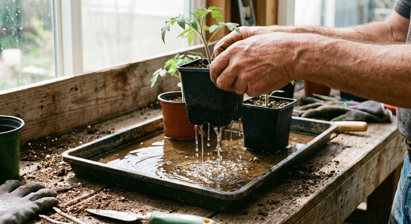A real photo of hands lifting a nursery pot out of a shallow tray after bottom-watering, with water dripping from the drainage holes