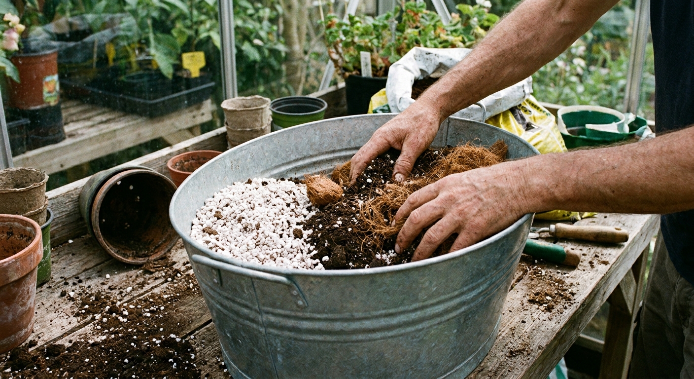 A real photo of hands mixing perlite, compost, and coconut coir together in a large tub on a potting table