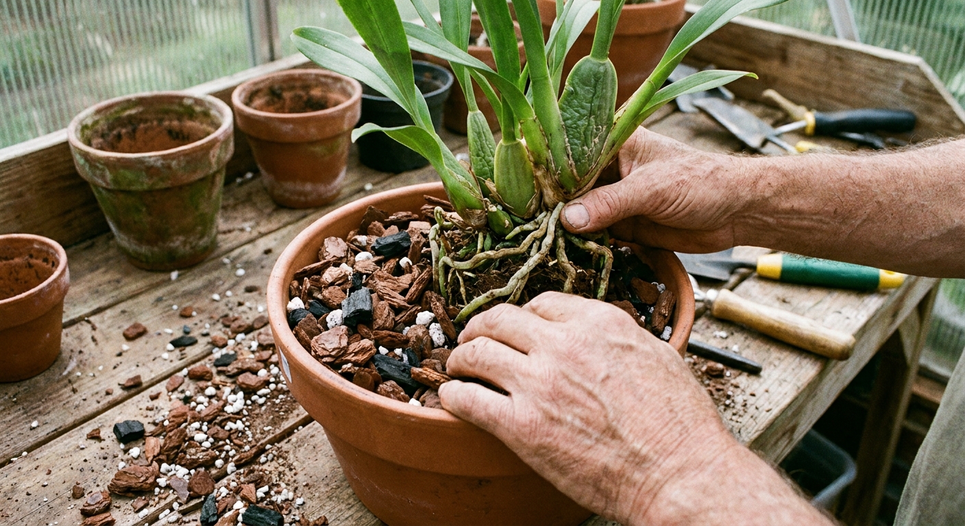 A real photo of hands repotting a sympodial orchid into fresh chunky bark mix on a potting bench with roots and pseudobulbs visible