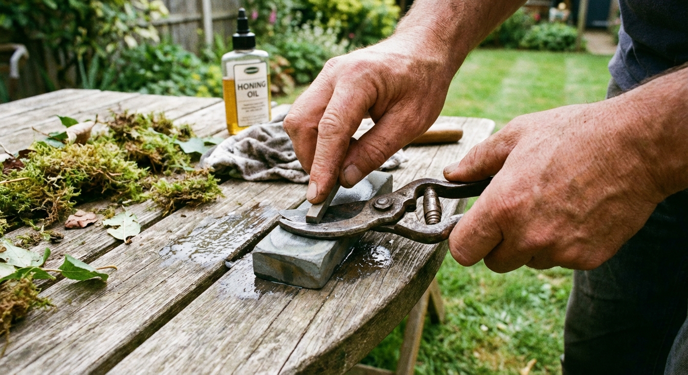 A real photo of hands sharpening bypass pruner blades with a small sharpening stone on an outdoor table