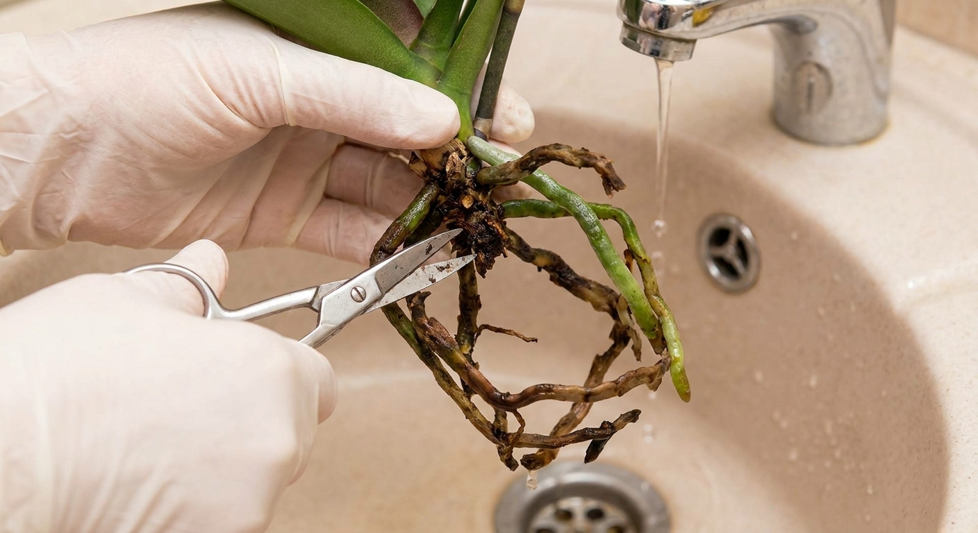 A real photo of hands trimming mushy brown orchid roots with clean scissors over a sink, close-up