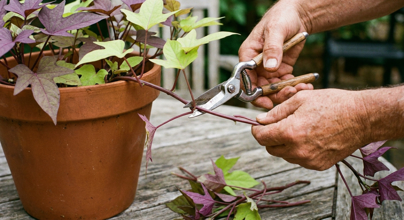 A real photo of hands using clean garden snips to trim back an ornamental sweet potato vine in a container, cutting long stems near a leaf node