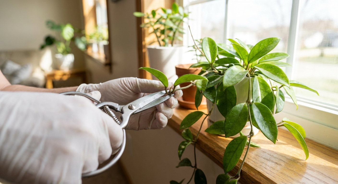 A real photo of hands using clean pruning snips to cut a Hoya vine just below a node, with the plant in the background on a bright windowsill