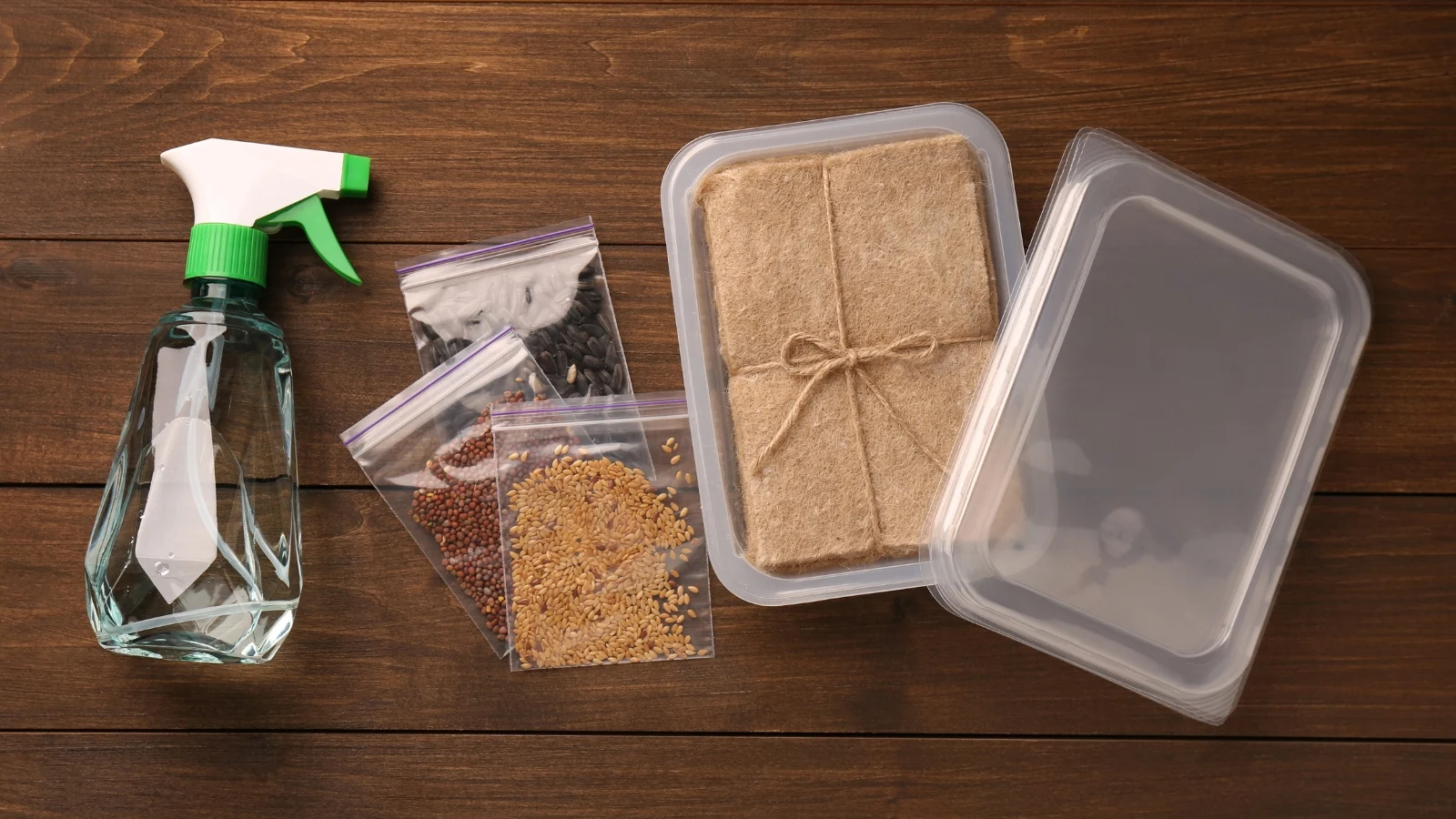 A real photo of microgreen supplies on a table, including nested trays, a brick of coco coir, a spray bottle, and a small LED grow light