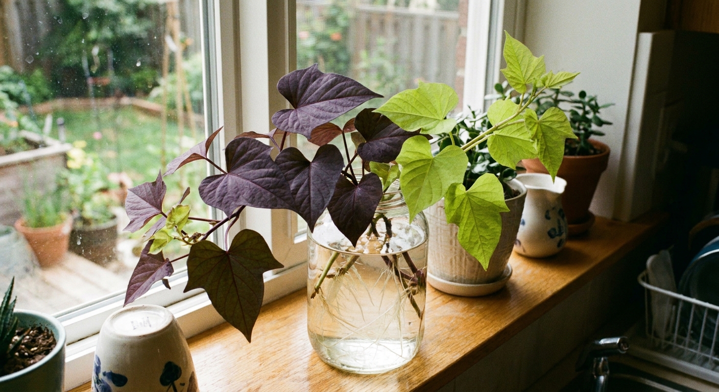 A real photo of ornamental sweet potato vine cuttings rooting in a clear glass jar of water on a bright kitchen windowsill