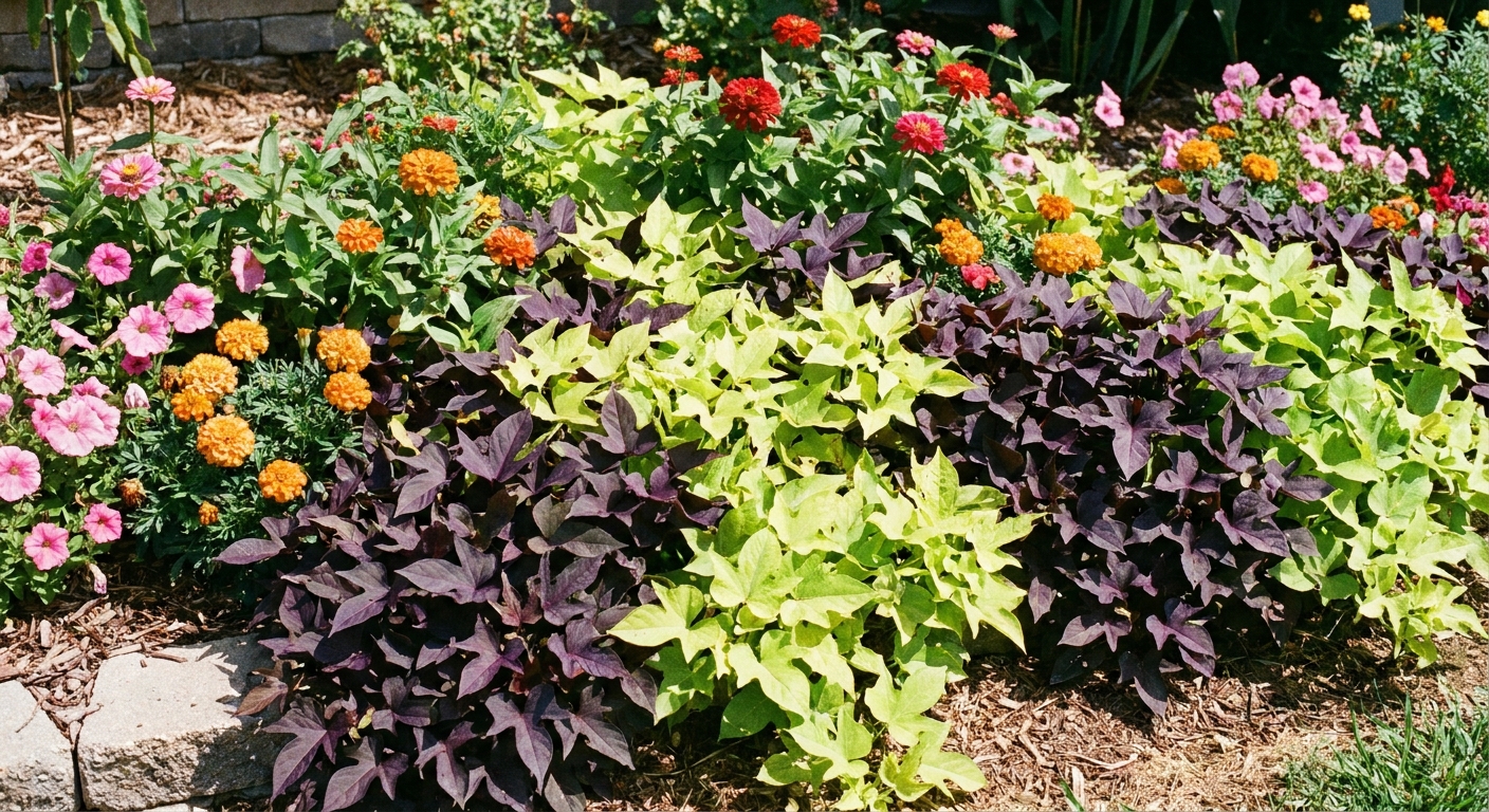 A real photo of ornamental sweet potato vine used as a groundcover in a sunny garden bed, weaving between flowering annuals with dense foliage