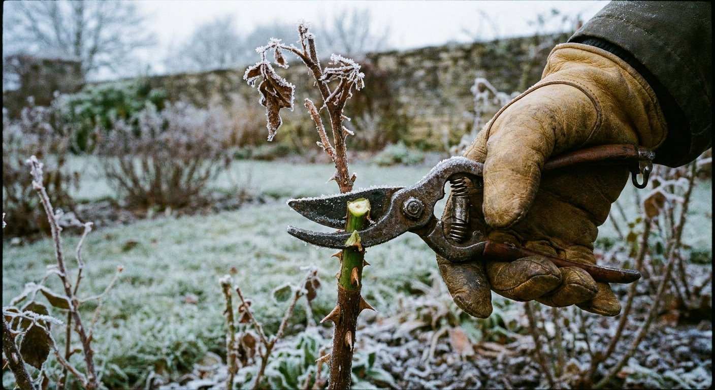 A real photo of pruning shears cutting a frost-damaged rose cane back to green wood in an outdoor garden
