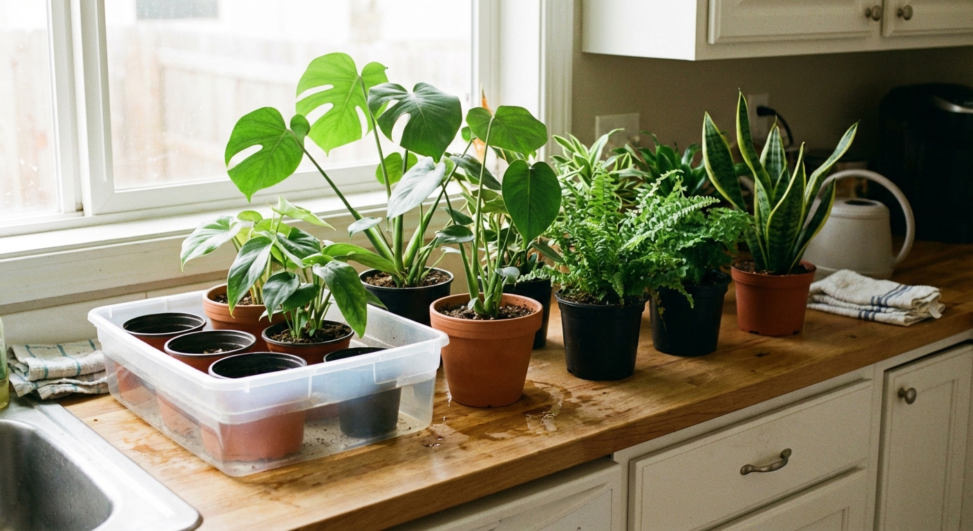 A real photo of several indoor plants in plastic nursery pots lined up on a kitchen counter beside a shallow bin used for bottom-watering