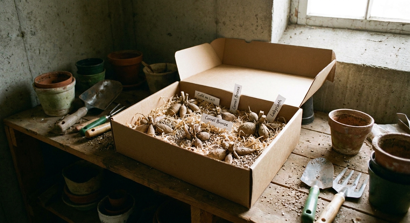 A real photo of several labeled dahlia tuber divisions nestled in dry packing material inside a cardboard box on a basement shelf