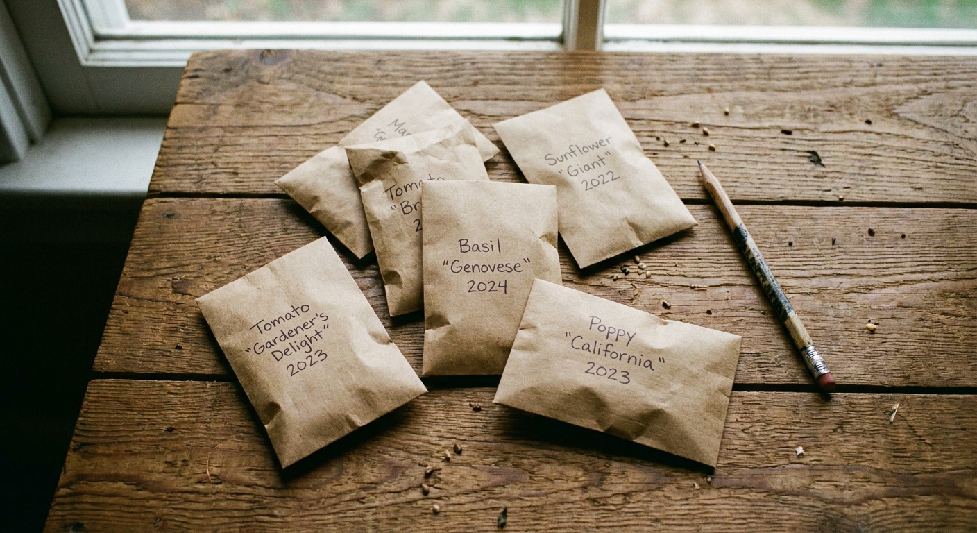 A real photo of several small brown paper seed envelopes with clear handwritten labels and dates, spread on a wooden table beside a pencil