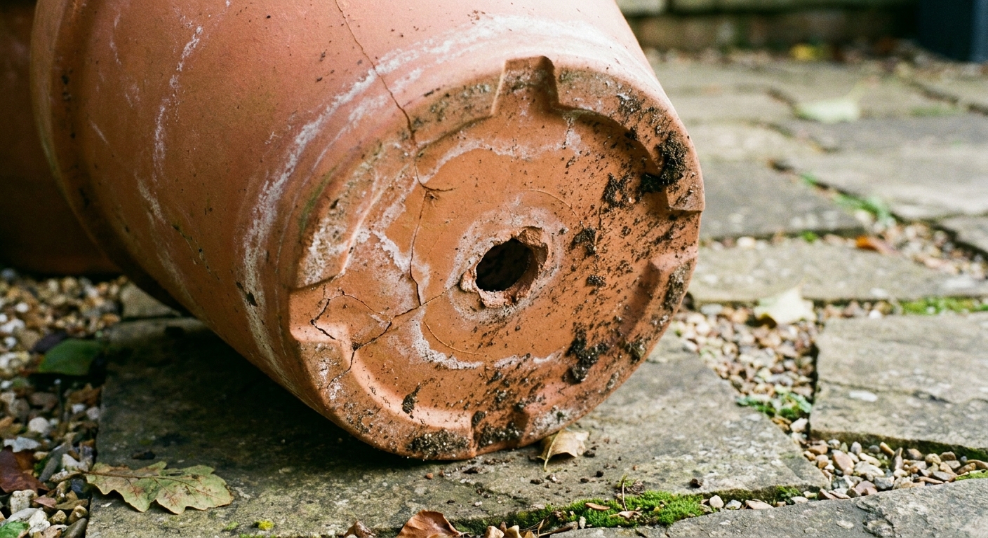 A real photo of the bottom of a terracotta container showing a large drainage hole, set on a patio surface in natural light