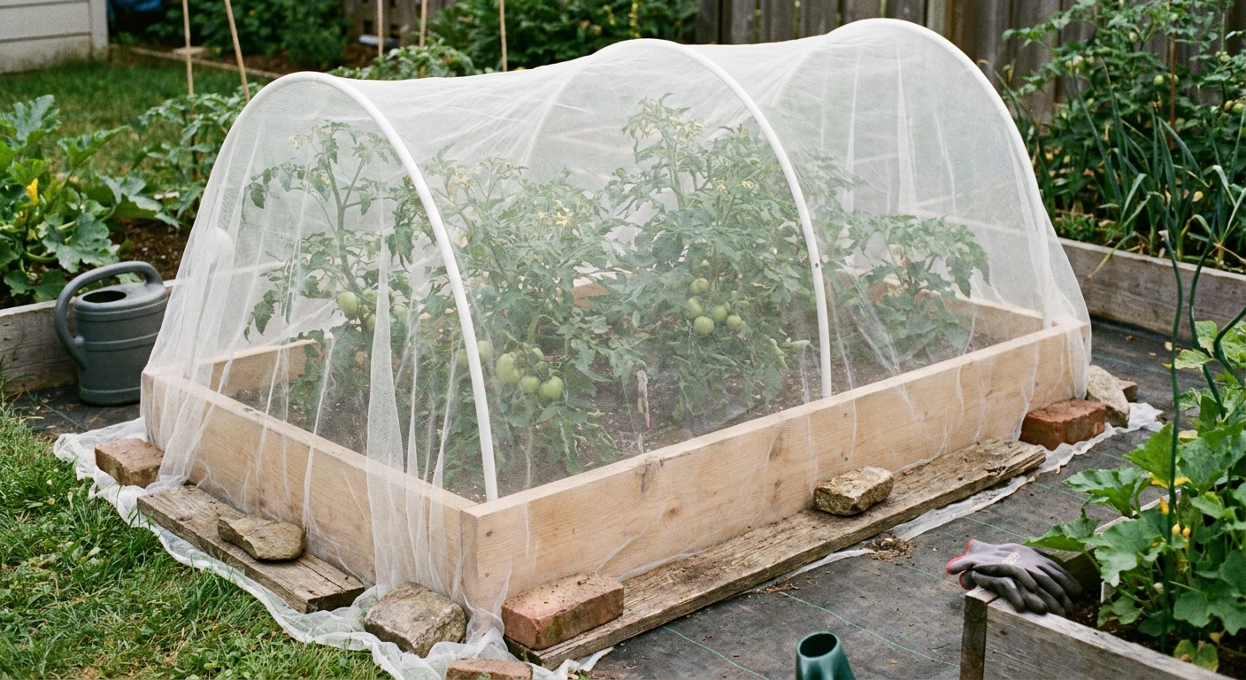 A real photo of tomato plants in a backyard garden bed covered with fine insect netting secured along the edges with boards