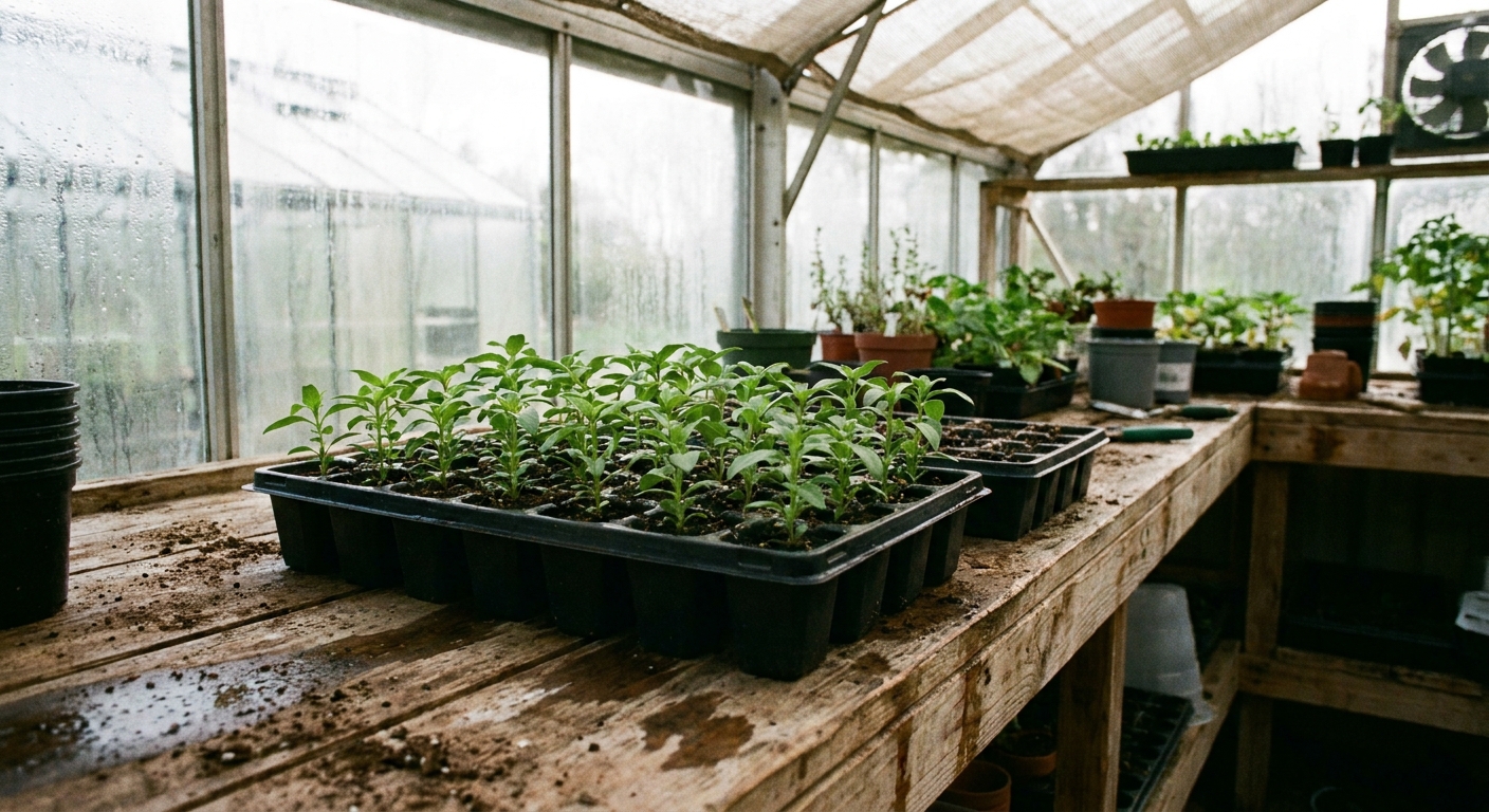 A real photo of young snapdragon seedlings growing in black nursery cell trays on a greenhouse bench with soft daylight