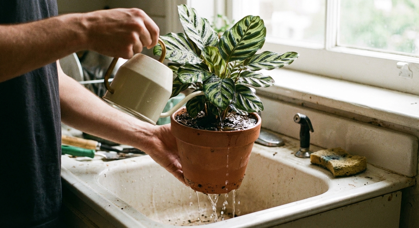 A real photo scene of hands watering a potted calathea in a sink, water flowing through the soil and draining from the pot’s bottom holes, soft indoor light