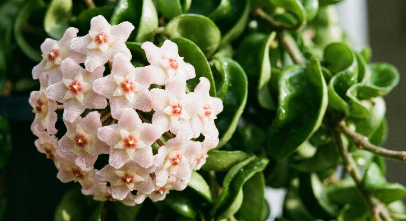 A real photograph close-up of a Hoya compacta flower cluster with pale star-shaped blooms and glossy curled leaves in the background