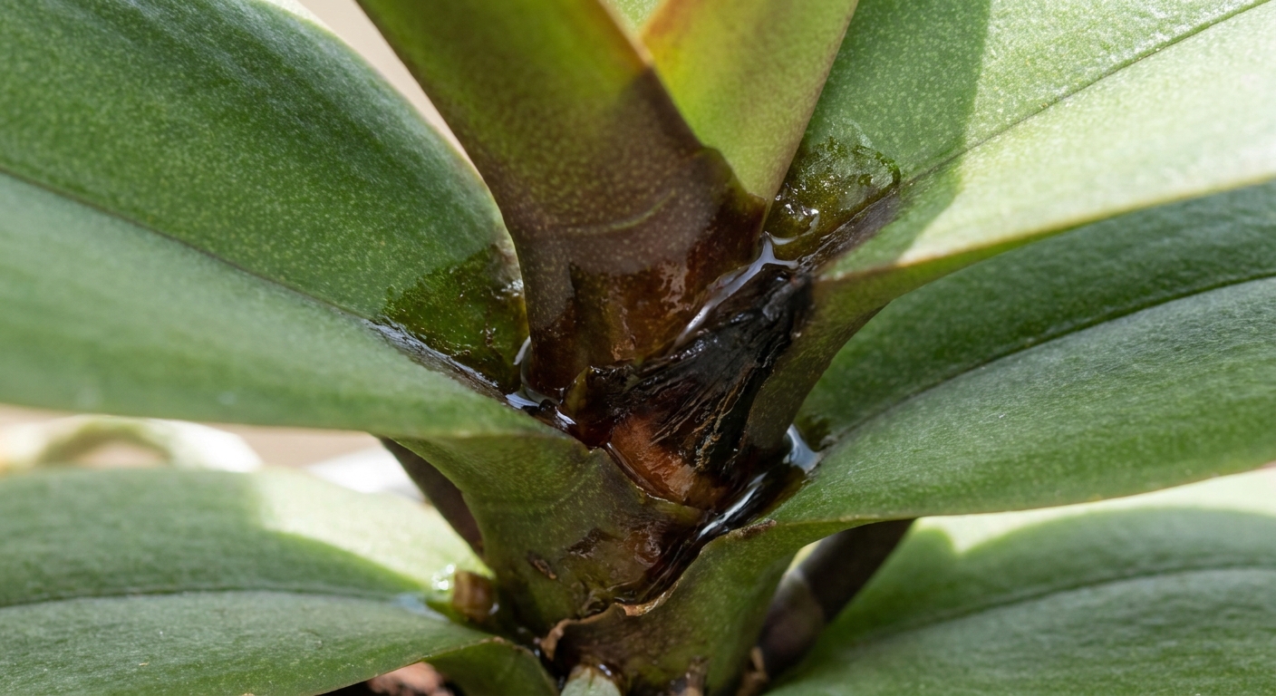 A real photograph close-up of a Phalaenopsis orchid crown showing darkened, wet tissue at the center where new leaves emerge