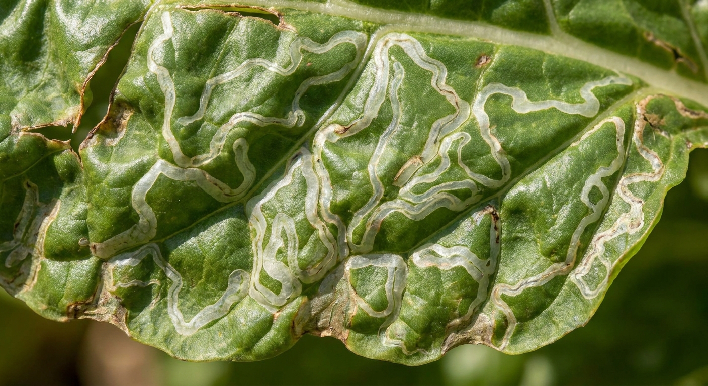 A real photograph close-up of a Swiss chard leaf showing pale winding tunnels from leaf miner damage