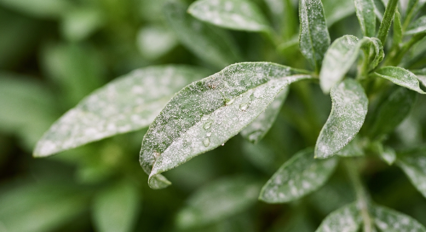 A real photograph close-up of coreopsis leaves showing a light white powdery mildew coating, with the rest of the plant softly out of focus