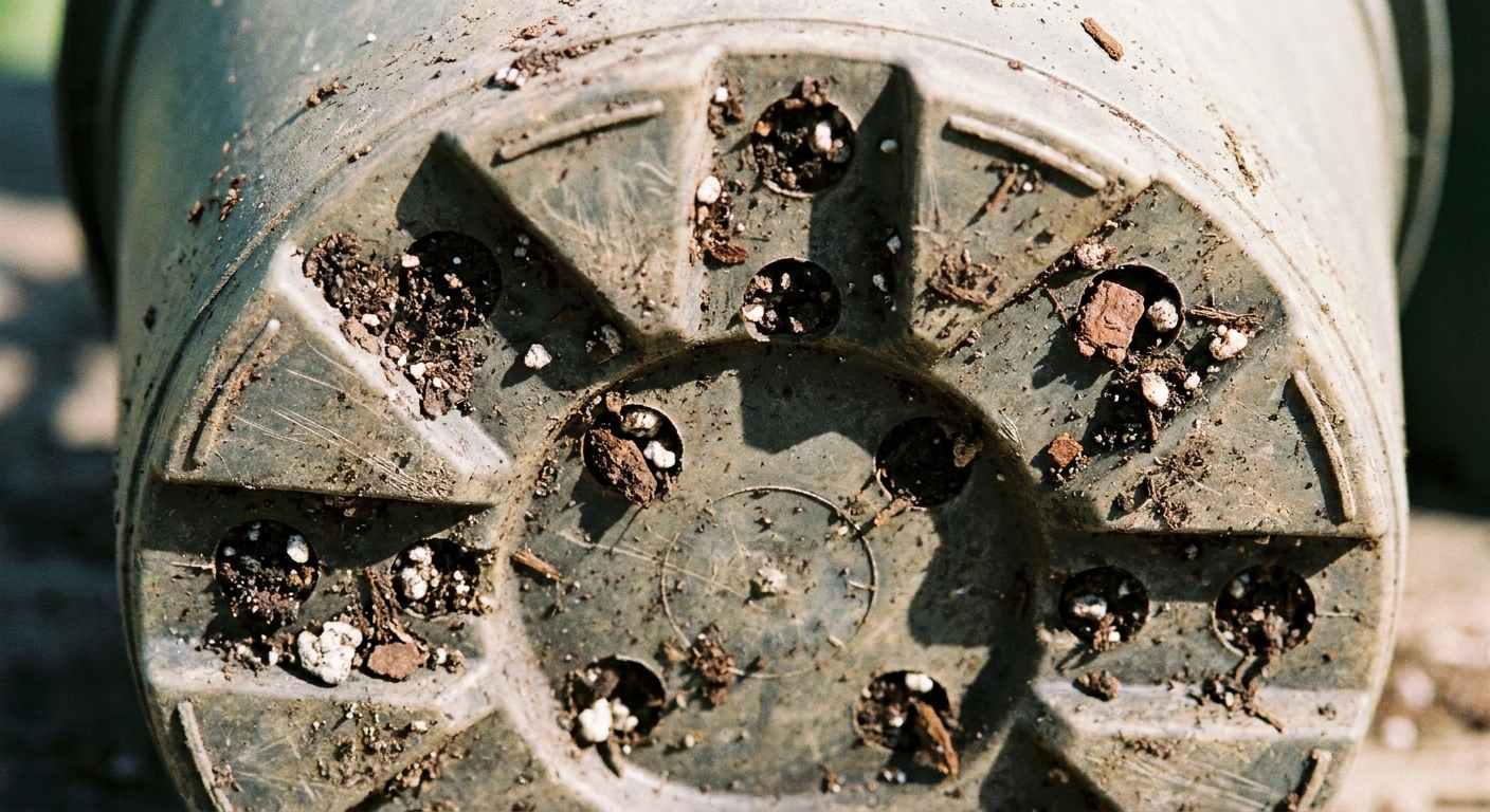 A real photograph close-up of the bottom of a large plastic nursery pot showing multiple drainage holes and clean potting mix crumbs