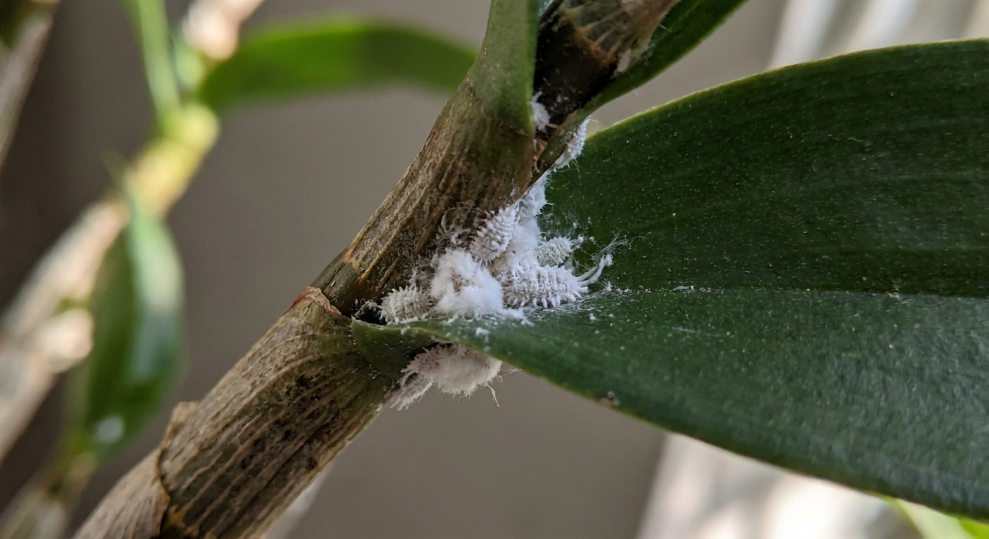 A real photograph close up of white cottony mealybugs clustered along the base of a Dendrobium orchid leaf near the cane