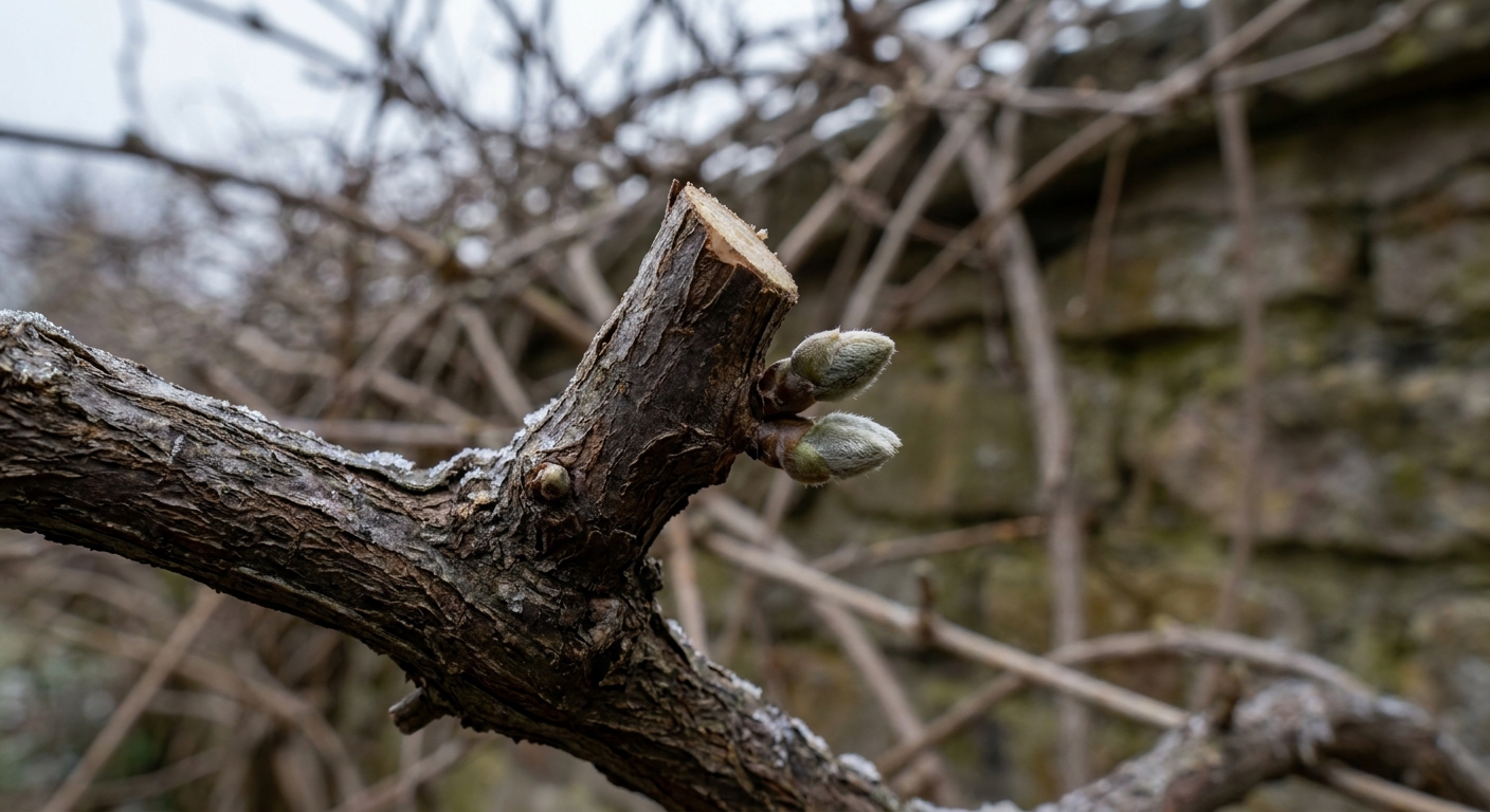 A real photograph close up of woody wisteria stems in late winter with visible buds, showing a freshly pruned spur cut back to a few buds