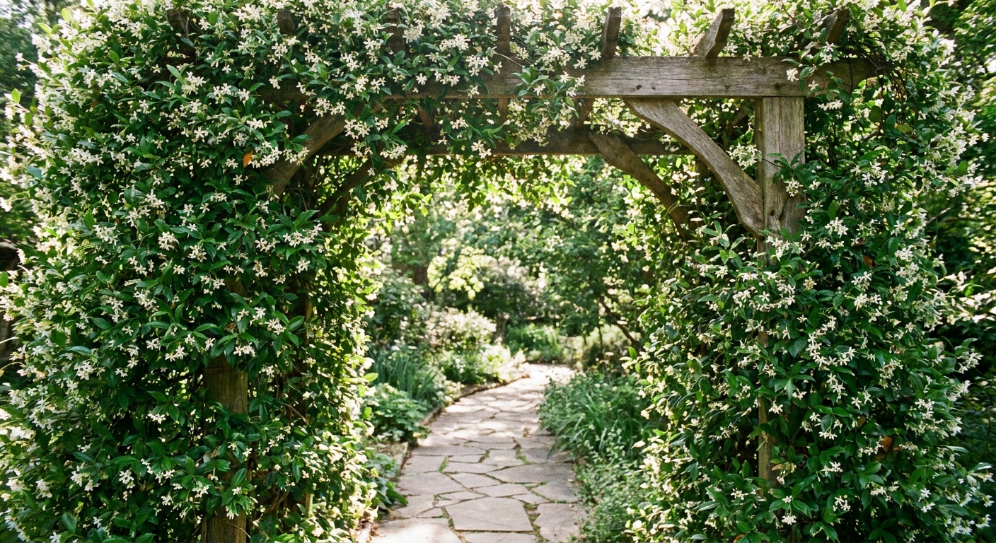 A real photograph of Confederate jasmine vine trained over a simple wooden garden arbor, with green foliage and scattered white blooms framing a walkway