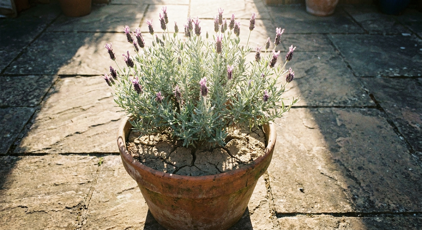 A real photograph of Spanish lavender growing in a terracotta pot on a sunny patio, with dry soil surface and strong light on the silvery-green foliage