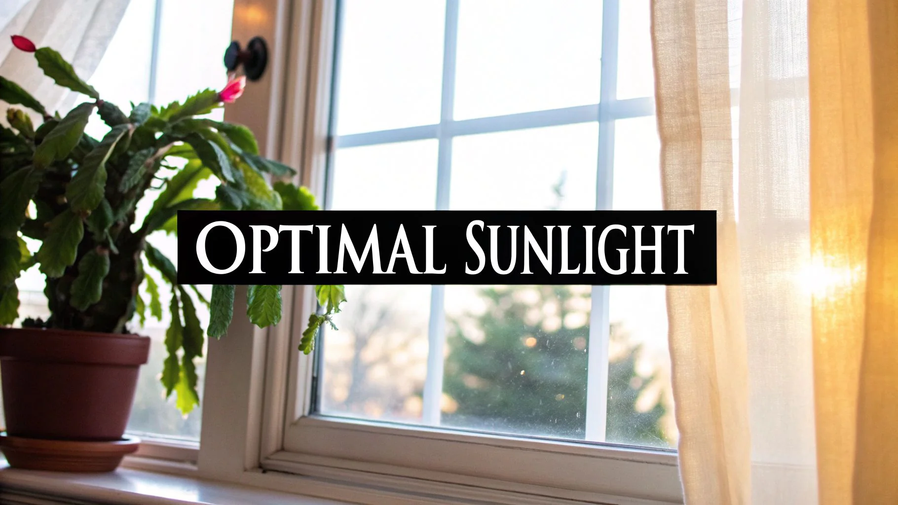 A real photograph of a Christmas cactus in a ceramic pot sitting near a window with sheer curtains filtering sunlight, creating bright indirect light
