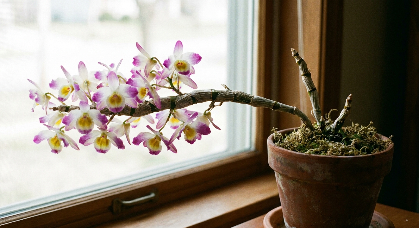 A real photograph of a Dendrobium nobile orchid with multiple flowers emerging from nodes along a leafless cane in a small pot, indoor natural light