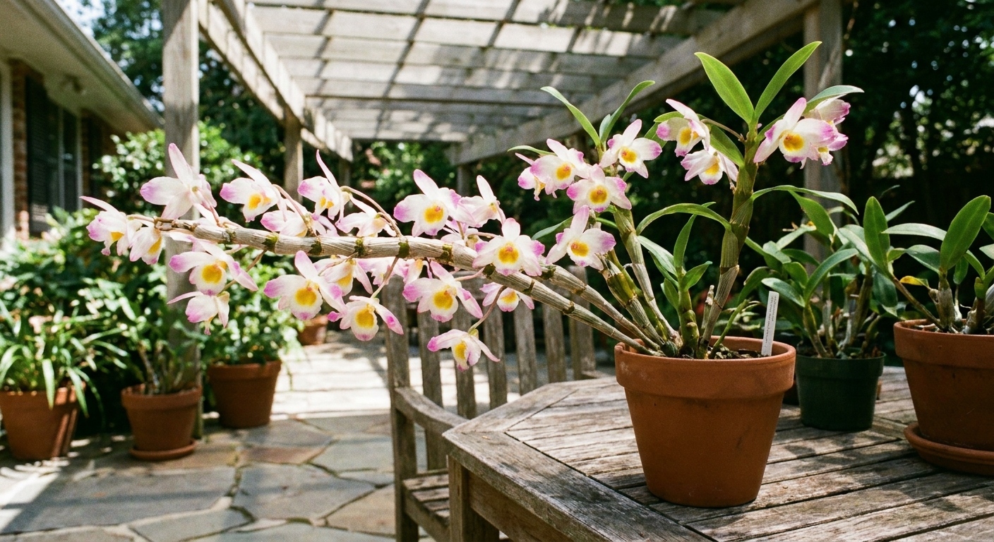 A real photograph of a Dendrobium nobile orchid with multiple blossoms emerging along the length of a cane, sitting on a patio table in bright shade