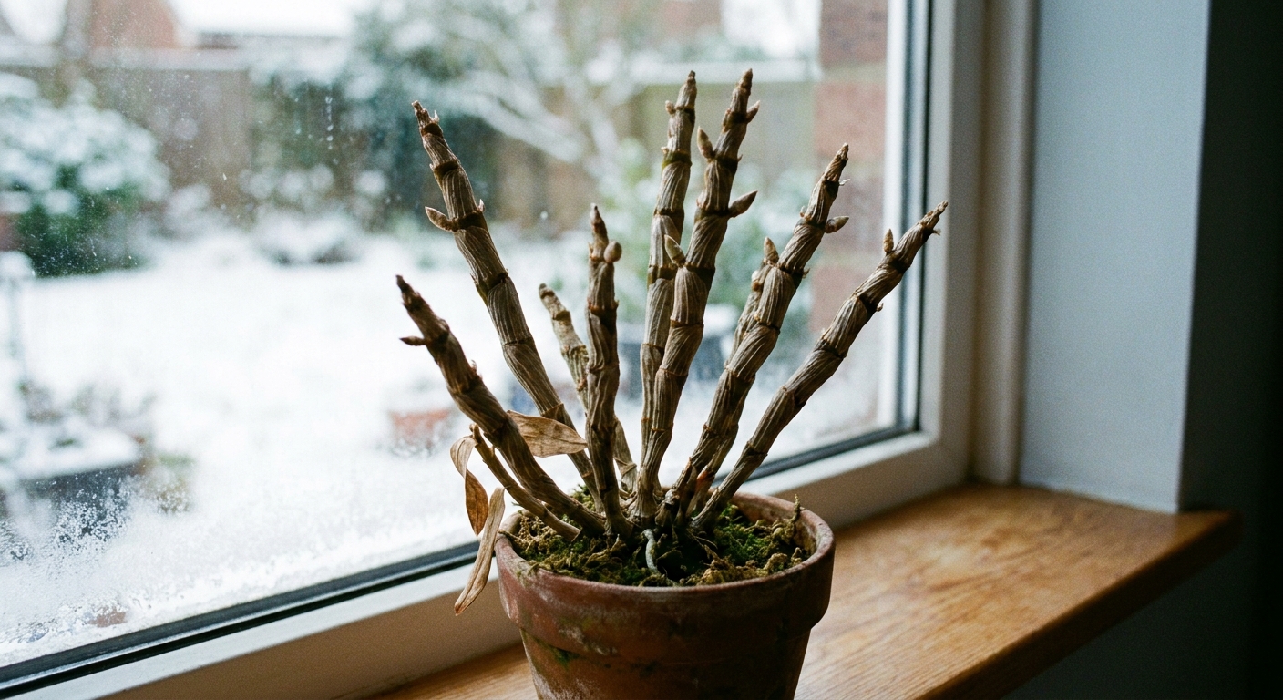 A real photograph of a Dendrobium nobile type orchid with mostly leafless canes in a small pot indoors, showing the plant during its winter rest period