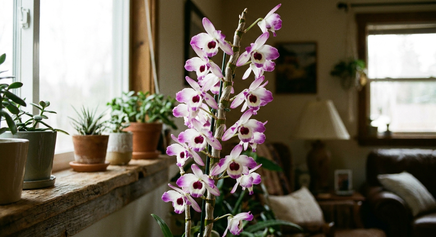 A real photograph of a Dendrobium nobile with purple and white flowers blooming along the length of a tall cane, shot in soft indoor light