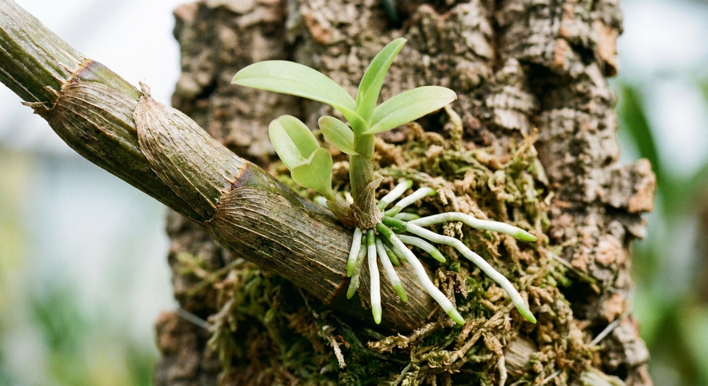 A real photograph of a Dendrobium orchid cane with a small keiki attached, showing several visible roots and young leaves
