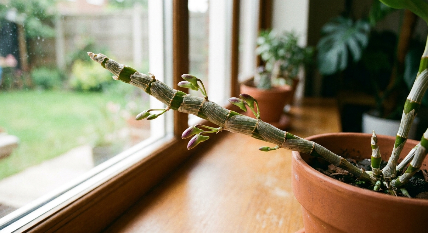 A real photograph of a Dendrobium orchid cane with small developing flower buds emerging along the nodes, shot in soft indoor light
