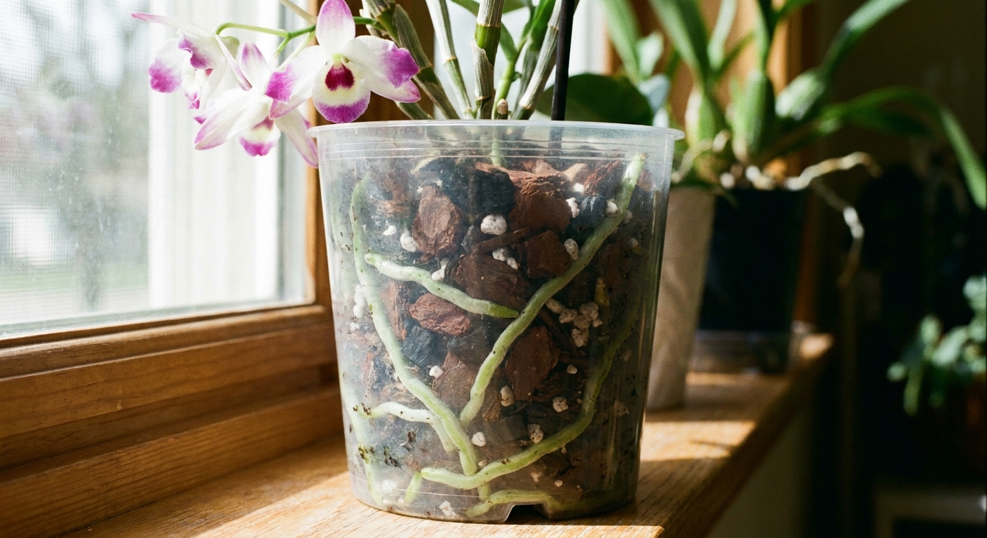 A real photograph of a Dendrobium orchid in a clear plastic orchid pot showing pale green roots growing through chunky bark mix