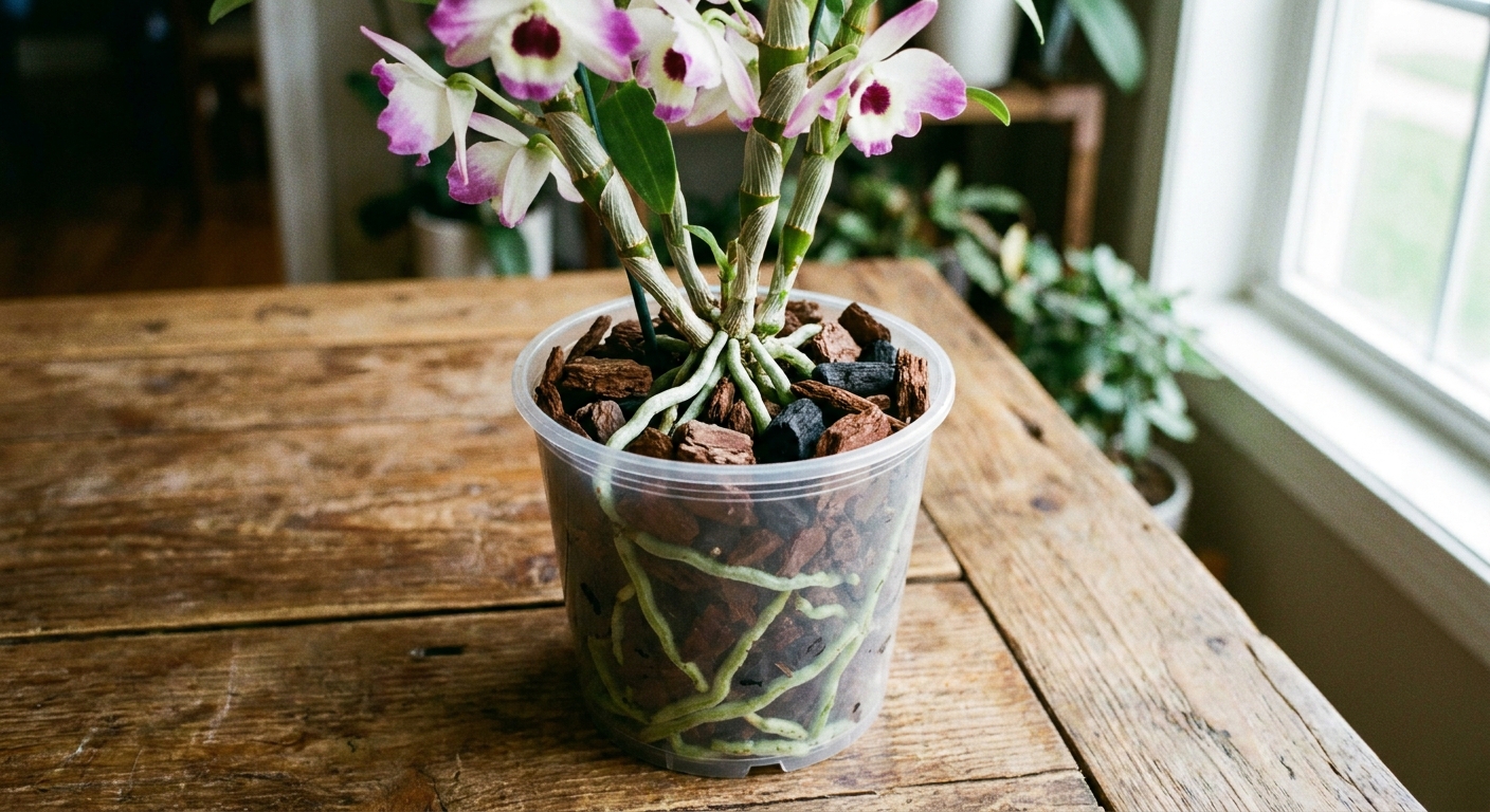 A real photograph of a Dendrobium orchid in a clear plastic orchid pot showing healthy pale green roots and chunky bark mix on a wooden table
