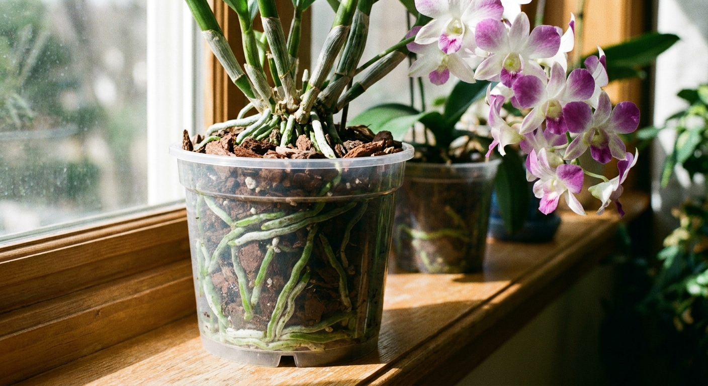 A real photograph of a Dendrobium orchid in a clear plastic pot showing healthy green and silvery roots pressed against the sides, with bark potting mix visible