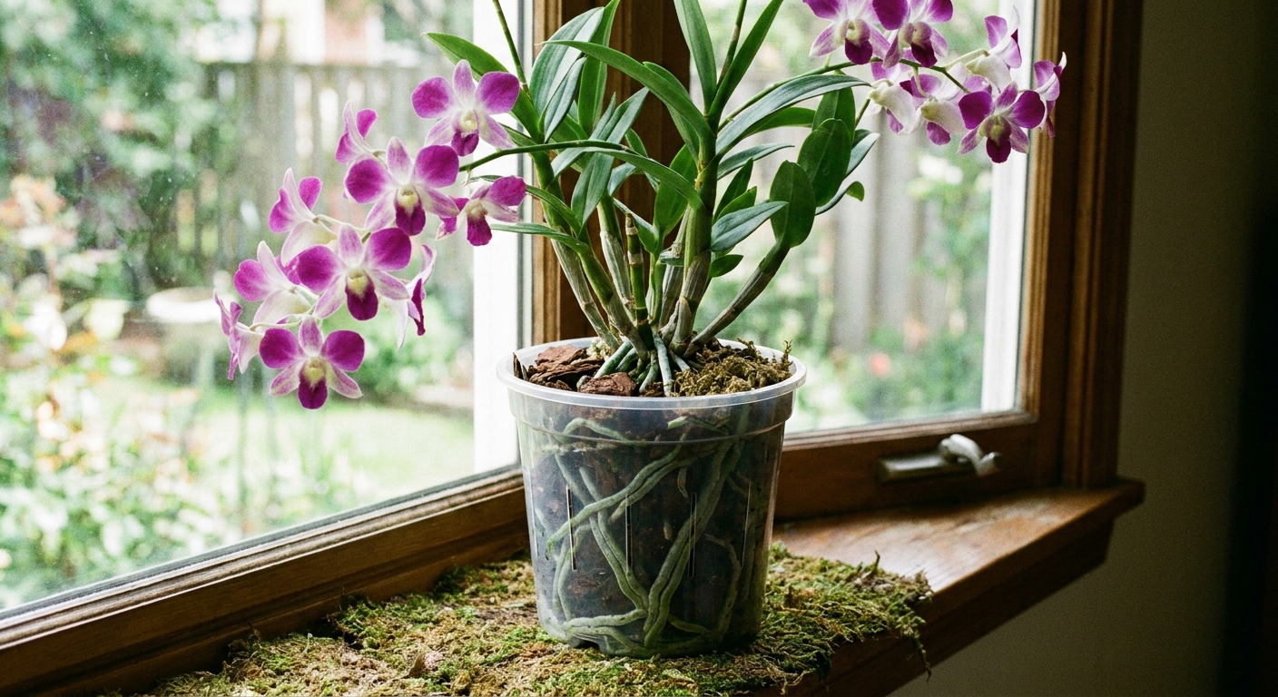 A real photograph of a Dendrobium orchid in a clear plastic orchid pot, showing healthy silvery green roots pressed against the pot walls
