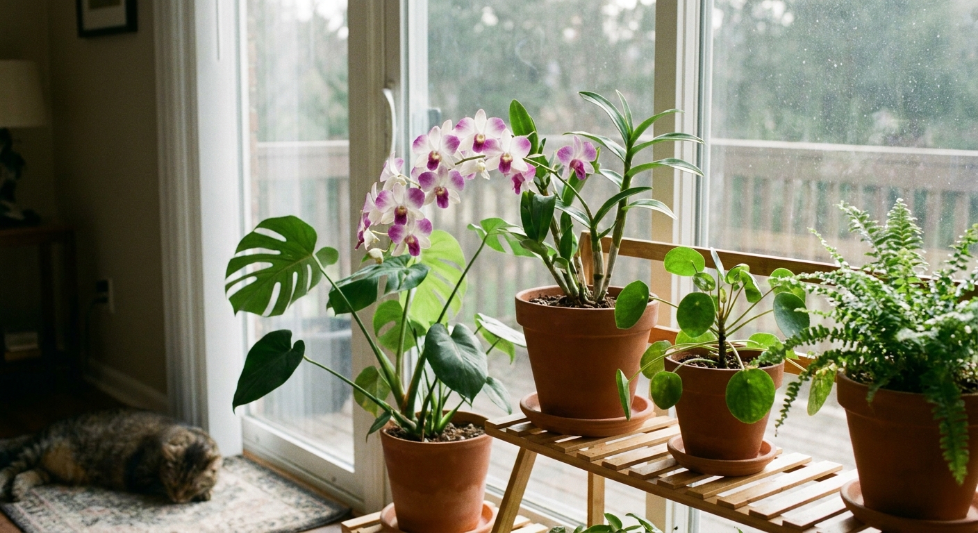 A real photograph of a Dendrobium orchid on an indoor plant shelf near a bright window, with a few other houseplants nearby and soft daylight filling the room