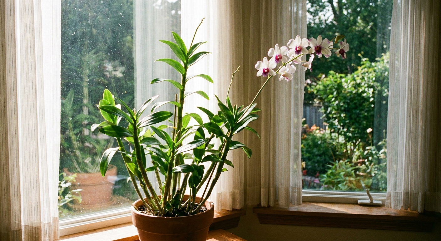 A real photograph of a Dendrobium orchid showing tall green canes and glossy leaves placed near a bright window with filtered light