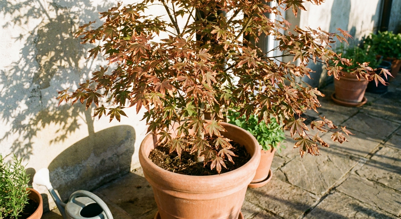 A real photograph of a Japanese maple in a container pot on a sunny patio beside a light-colored wall, showing scorched leaf edges from summer heat