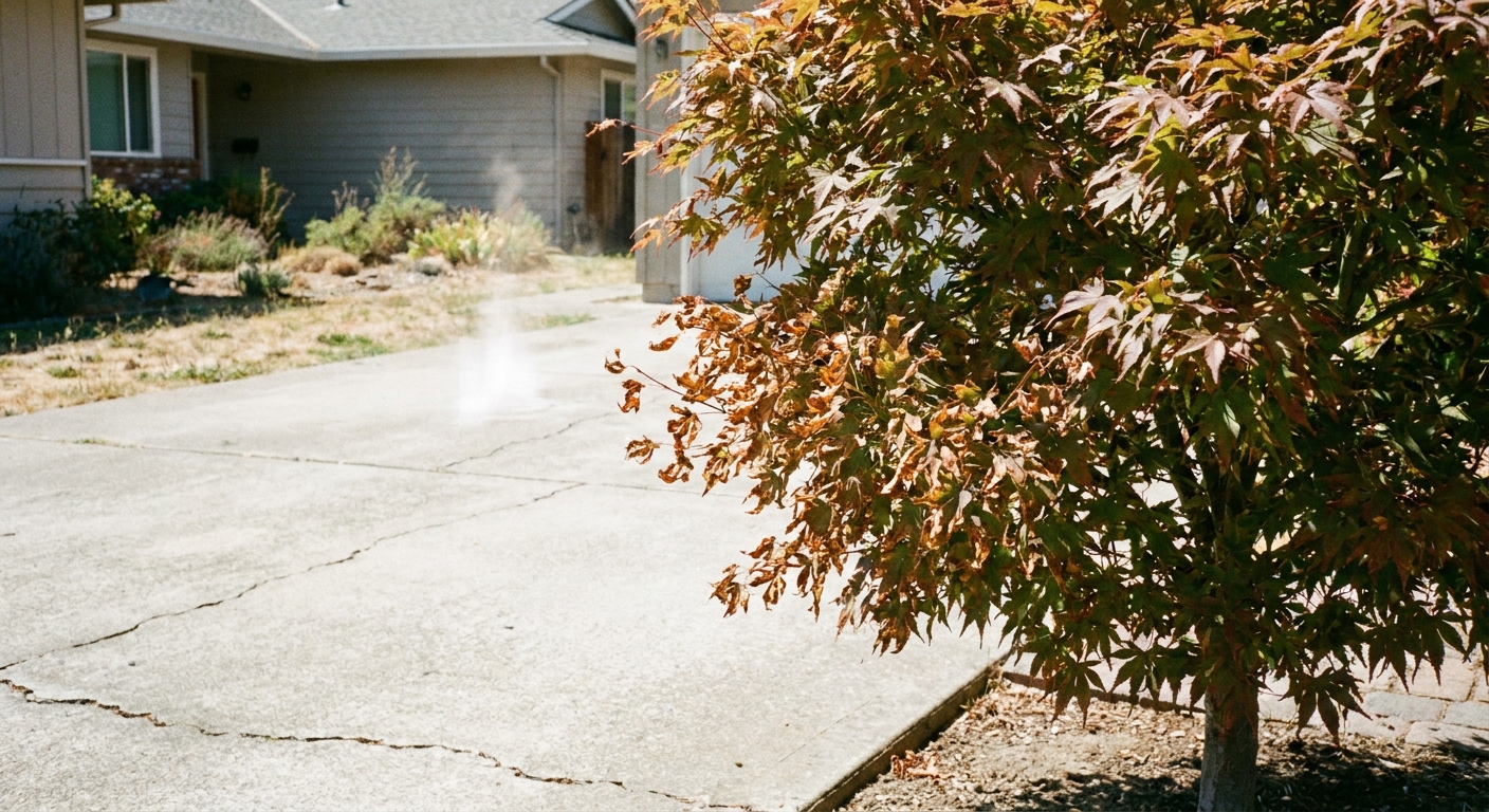 A real photograph of a Japanese maple planted near a concrete driveway with browning leaf edges on the side facing the pavement in strong summer light