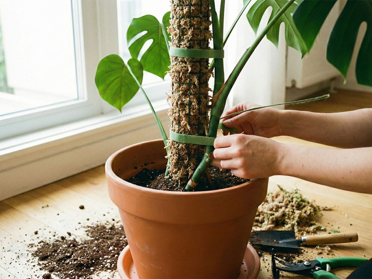 A real photograph of a Monstera ‘Peru’ vine gently tied to a vertical cedar plank in a pot indoors, showing aerial roots near the board and compact leaf spacing
