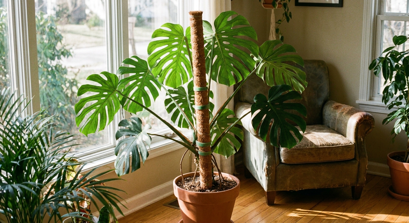 A real photograph of a Monstera deliciosa secured to a coco coir pole with soft plant ties in a bright indoor corner
