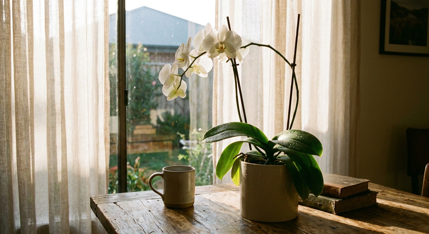 A real photograph of a Phalaenopsis orchid on a table near an east-facing window with sheer curtains, soft morning light on the leaves