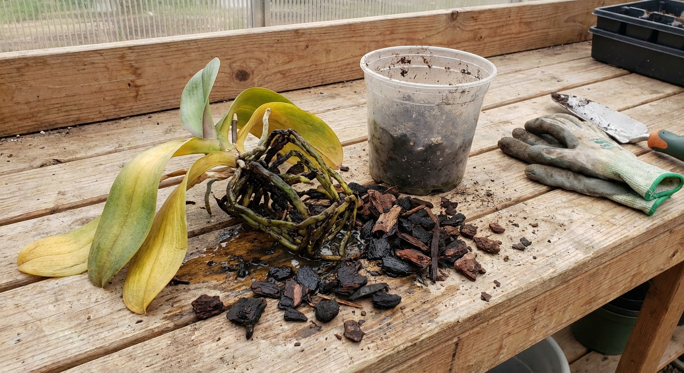 A real photograph of a Phalaenopsis orchid removed from its plastic pot, showing dark mushy roots and decomposed bark mix on a potting bench