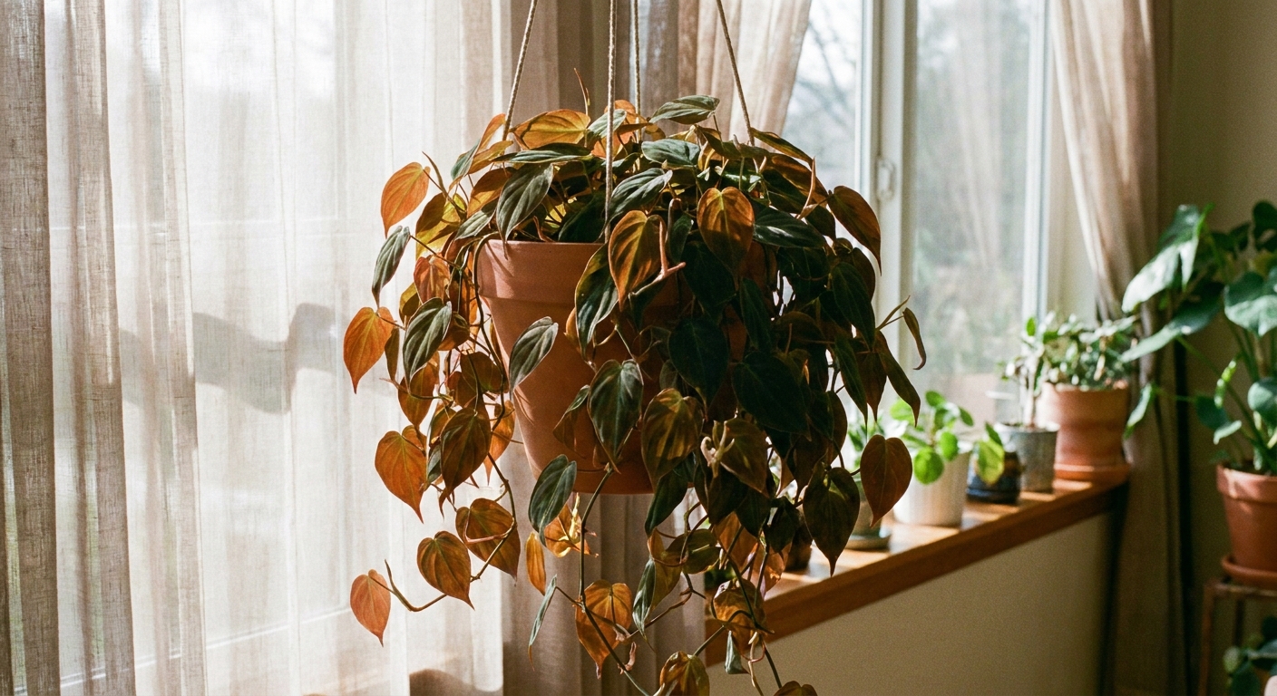 A real photograph of a Philodendron micans hanging planter positioned near a bright window with filtered light, showing even, compact growth