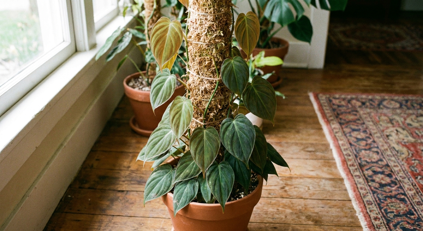 A real photograph of a Philodendron micans trained up a moss pole in a simple pot, with several vines attached and larger velvety leaves facing outward