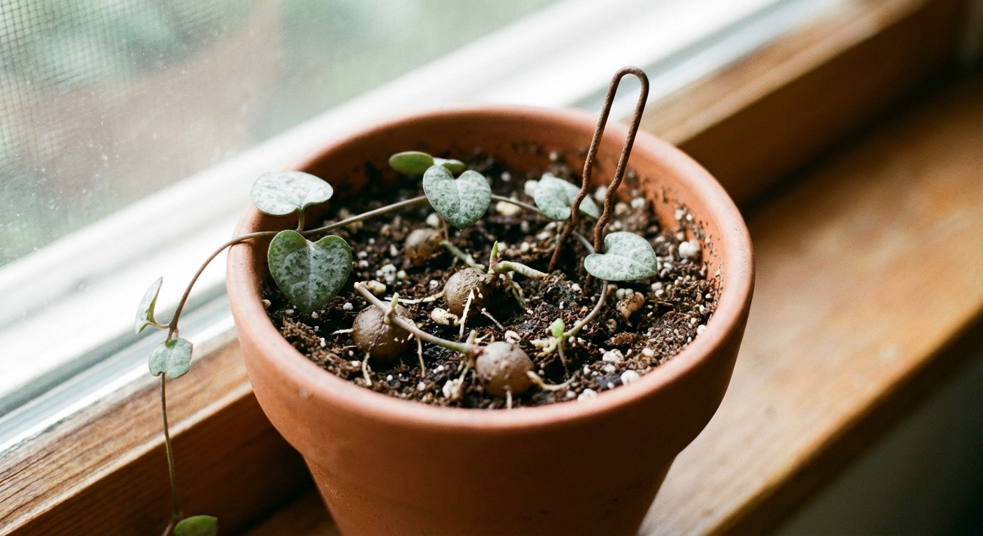 A real photograph of a String of Hearts vine pinned onto the soil in a small pot using a bent hairpin, with several nodes touching the potting mix, close-up indoor natural light